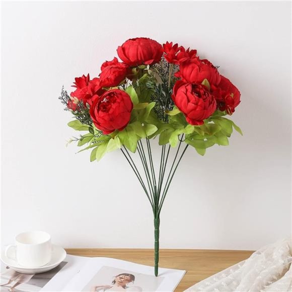 Red Flowers Artificial Silk Peony Bouquets Wedding Home Decoration Red Floral - Picture 2 of 5